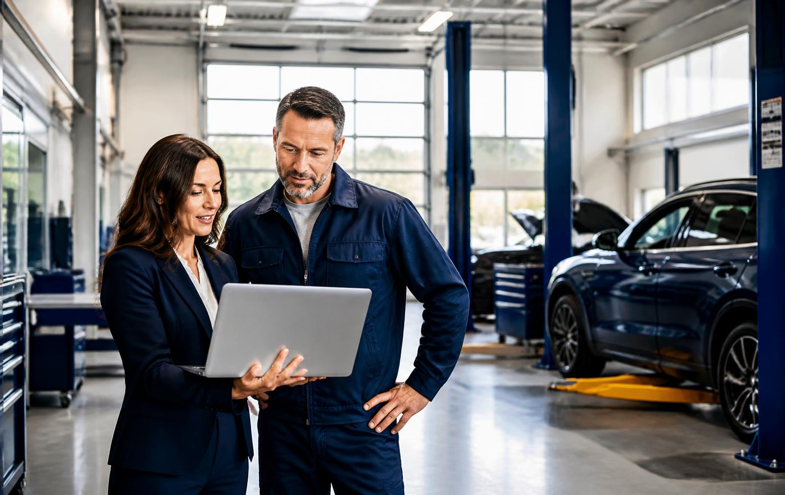 Financial advisor reviewing reports with an automotive shop owner